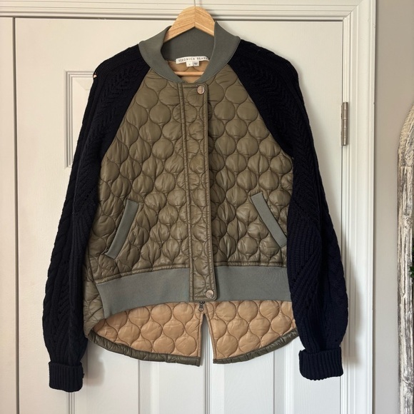 Veronica Beard Marjeti Mixed Media Quilted Bomber Jacket Navy Green S Lambswool - Picture 3 of 9